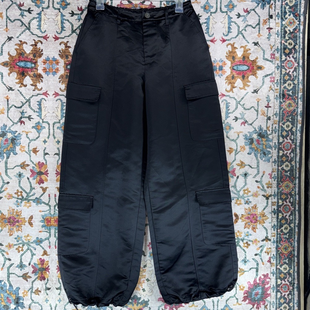 Wide-Leg Black Satin Cargo Pants Madden NYC Women's L Drawstring Hem Elastic Wst